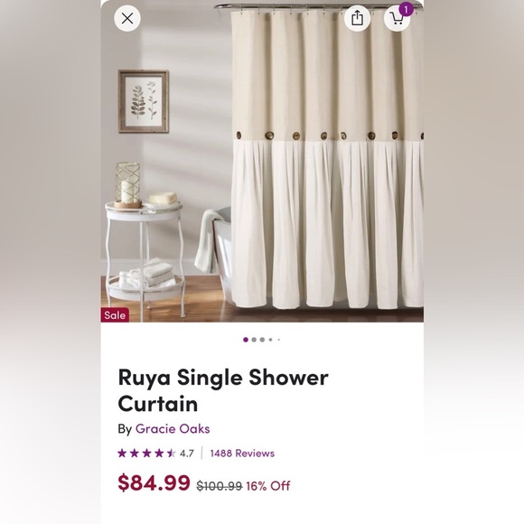 ♥️ SOLD♥️ Gracie Oaks Shower Curtain 72” x 72”. Purchased from Wayfair. LIKE NEW - Picture 2 of 3